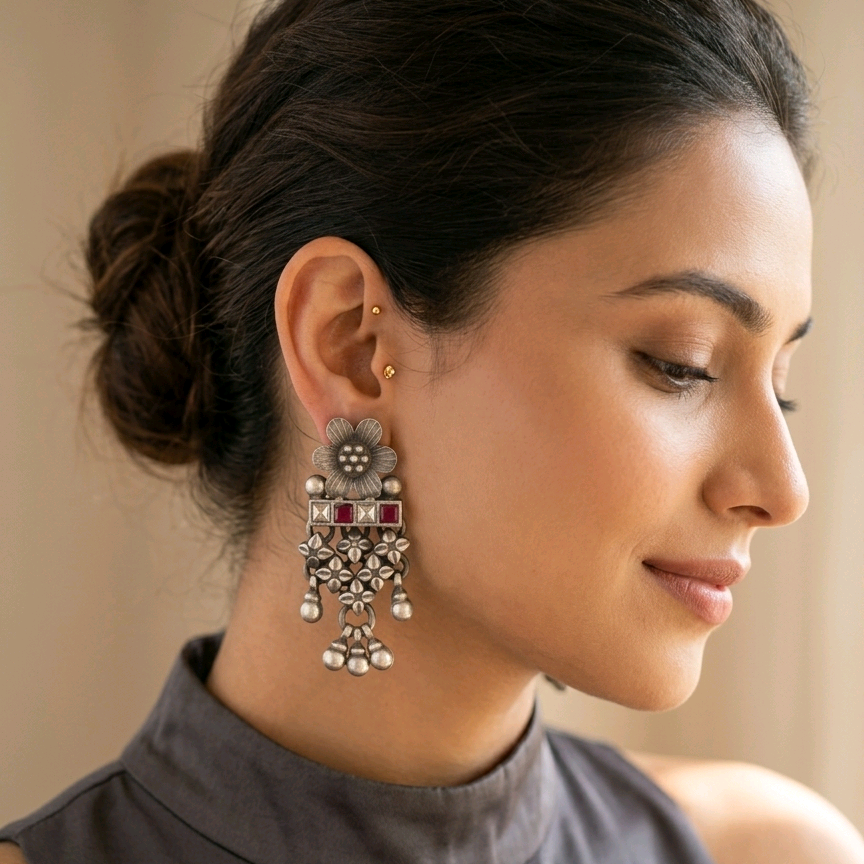 Tribal Silver Drop Earrings 